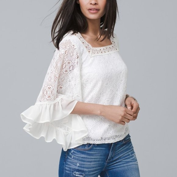 White House Black Market Tops - WHBM Bell-Sleeve Lace Peasant Blouse